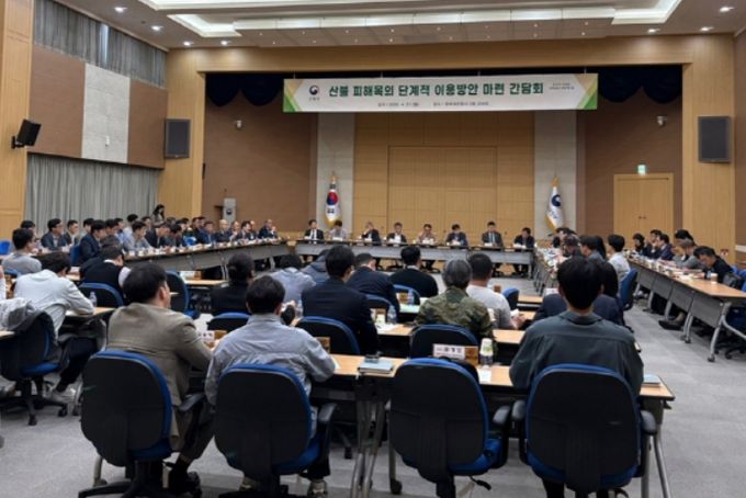 '산불 피해목의 단계적 이용방안 마련 간담회'에서 참석자들이 산불피해목 활용방안을 논의하고 있다.